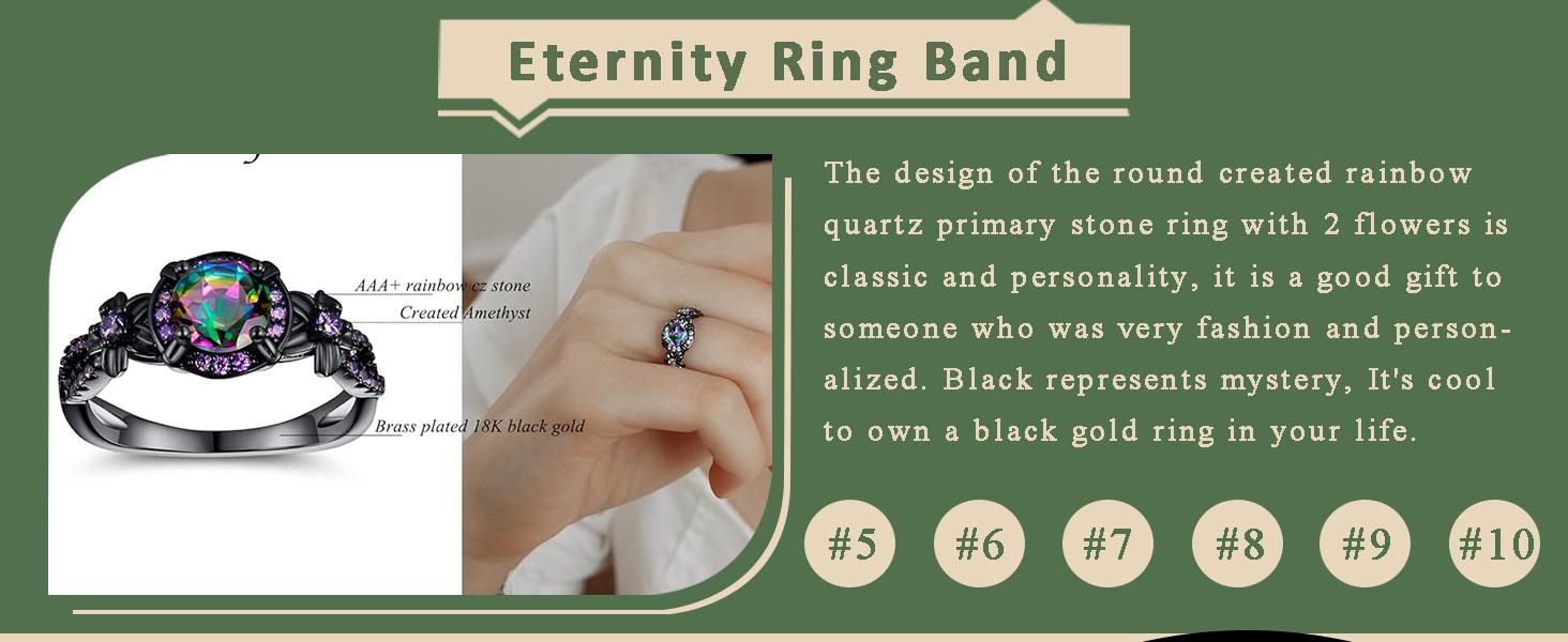 Ring for Women,18K Black Gold Plated Created Opal/Mystic Topaz/Amethyst Garnet Wedding Engagement Promise Rings Band