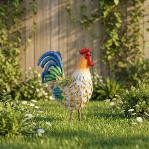 1pcs 3D Hand-Painted Metal Rooster Garden Statue, Weather-Resistant Outdoor Decor, Farmhouse Courtyard Art, Perfect Moving Gift