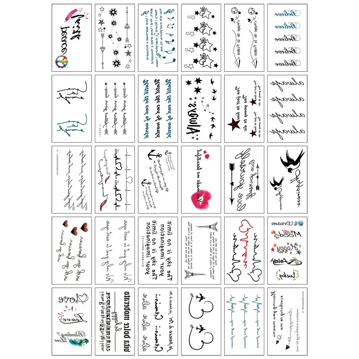 30Pcs Premium Ins Small Fresh Fake Tattoos, Floral Butterfly Letter Star Face Tattoo Stickers for Forehead Facial Decor