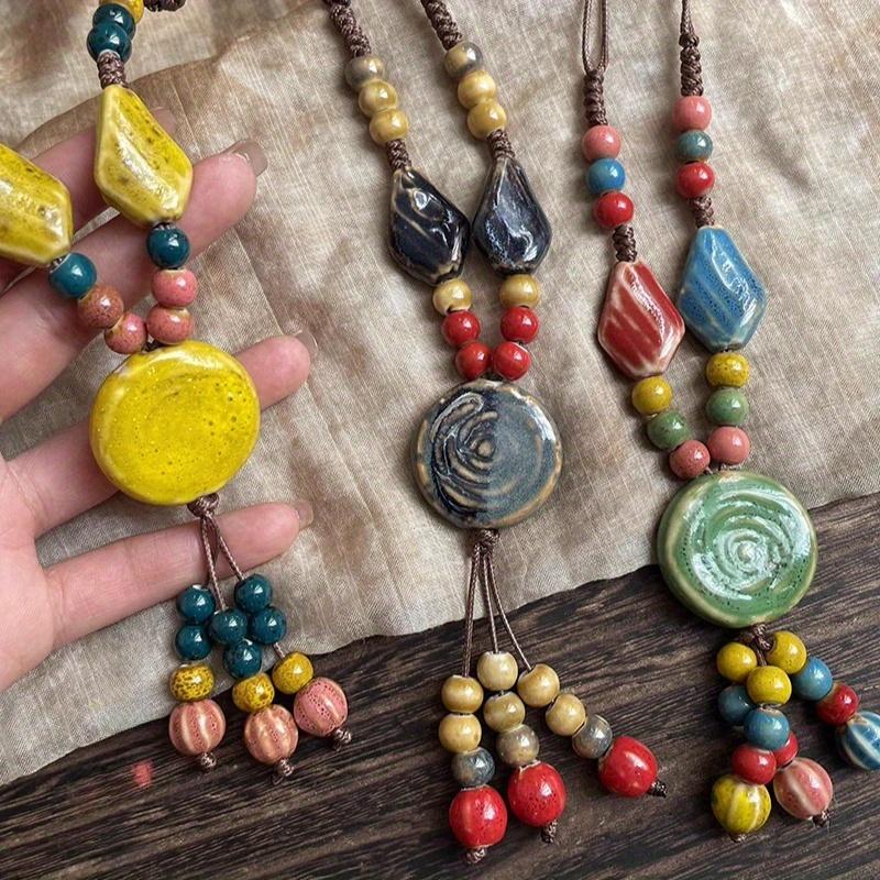 Vintage Tribal Adjustable Disc Ceramic Bead Necklace Handmade High Temperature Kiln Fired Irregular Bohemian Ethnic Sweater Chain For Women Daily Vacation Wear