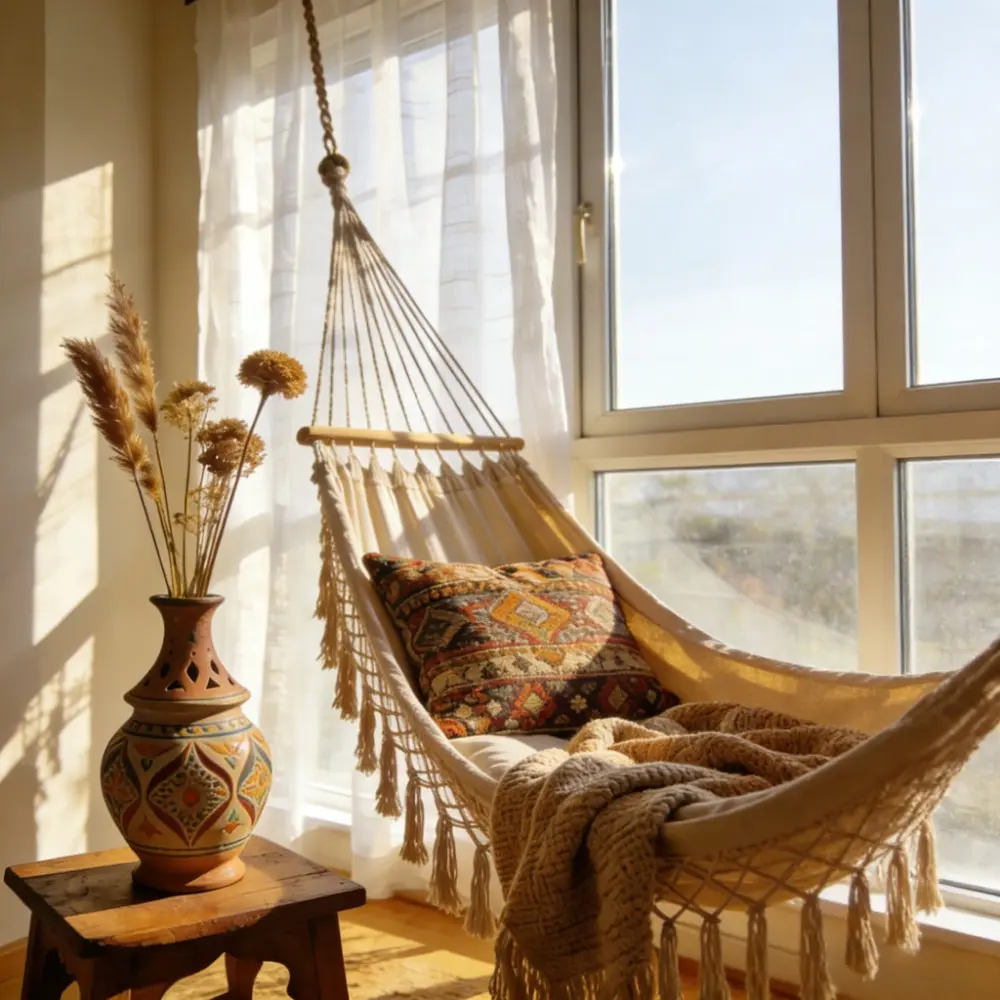 A Portable Swing Hammock Made Of Hand- Rope. Thickened And Widened Double Canvas Hammock with Anti-slip Design, White Bohemian Tassels. Ideal for Outdoor Patios And Camping,. A Beach Hammock