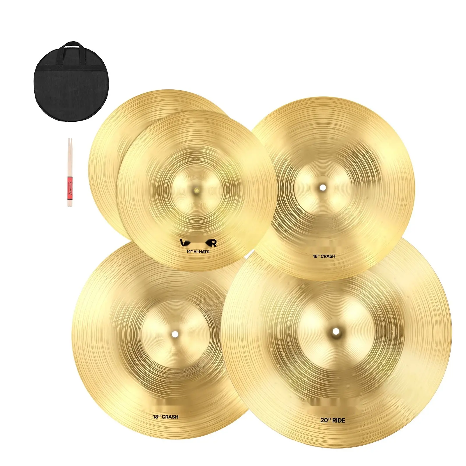 Cymbal Pack - 4-Piece Cymbals Drum Kit Set 14, 16, 18, and 20 Inch Hi-Hats, Crash, Ride Cymbals Ensemble for Drum Set, Ideal for Studio, Rehearsal, Stage, and Live Performance And Studio Recording Compatibility