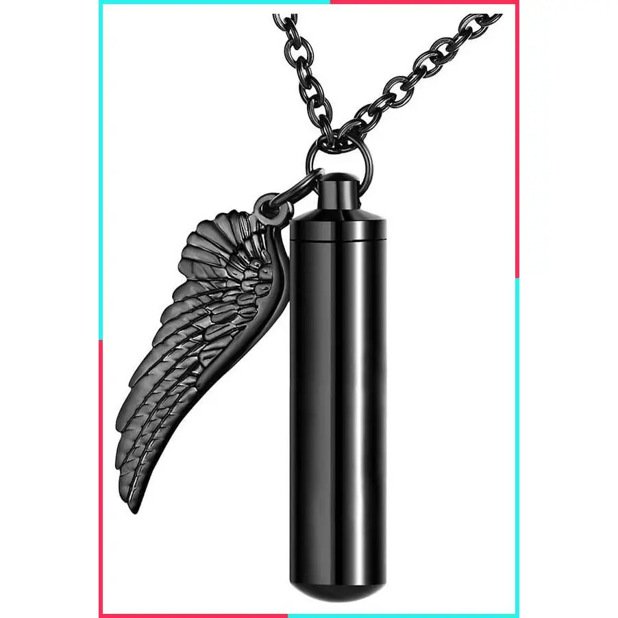 Cylinder Cremation Urn Necklace for Ashes, Memorial Keepsake Pendant with Angel Wing, Stainless Steel Remembrance Jewelry