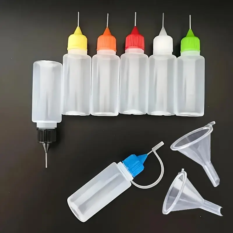 8pcs Precision Tip Applicator Bottles, 0.34oz, Durable Plastic - 6 Random Colors, Includes 2 Mini Funnels for DIY Crafts, Painting, Ink, Acrylic Art, Art Painting Supplies