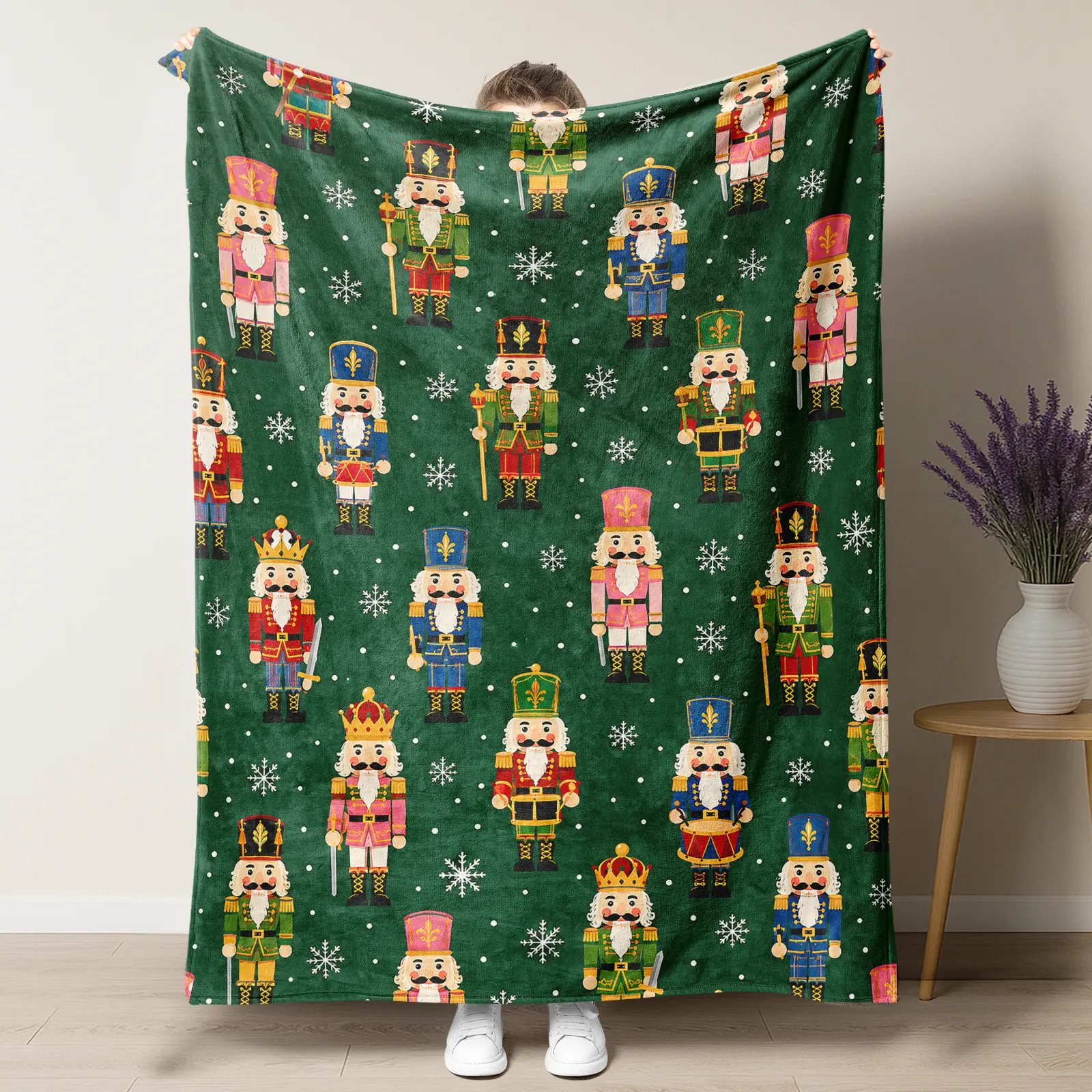 Green Christmas Nutcracker Flannel Throw Blanket, Colorful Wooden Nutcracker Soldier Snowflake All Over Print Cozy Soft Blanket, Traditional Winter Holiday Decor Blanket, Lovely Christmas Gift For Nutcracker Lovers