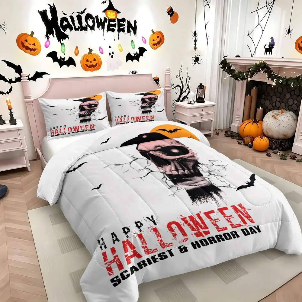 2/3Pcs Halloween Skull Raven Comforter Set Gothic Spooky Bedding Set Soft Quilt Bedspread with Pillowcase for Horror Theme Bedroom Decor Seasonal Holiday Room Refresh No Pillow Core