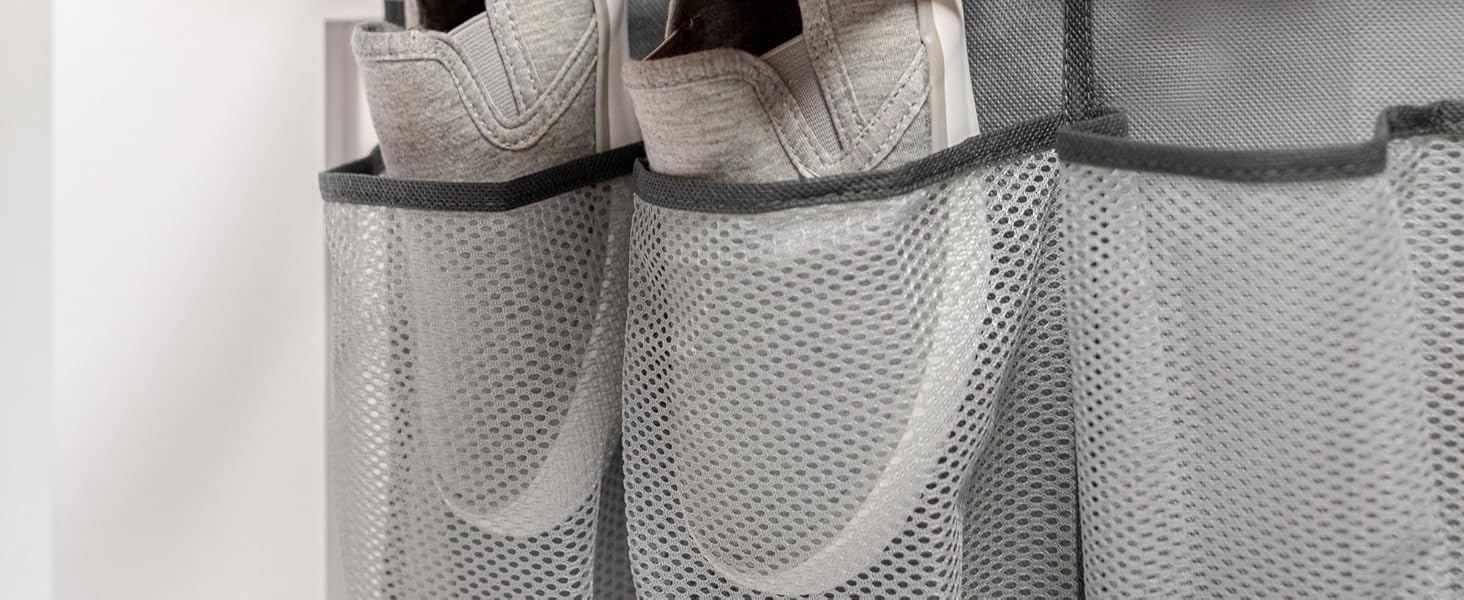 Over the Door Shoe Organizer, 24 Large Breathable Mesh Pockets, Space Saving Hanging Storage Holder, Closet Rack Hanger Holds Up to 40 lbs, Hangs on Closets for Shoes, Accessories, Pink