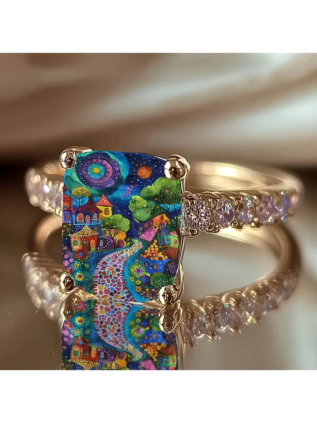 Dreamy Starry Night Fairy Tale Town Oil Painting Ring, with highly saturated and colorful illustration style, set with diamonds and a golden ring band, full of vibrant charm and childlike fantasy colors