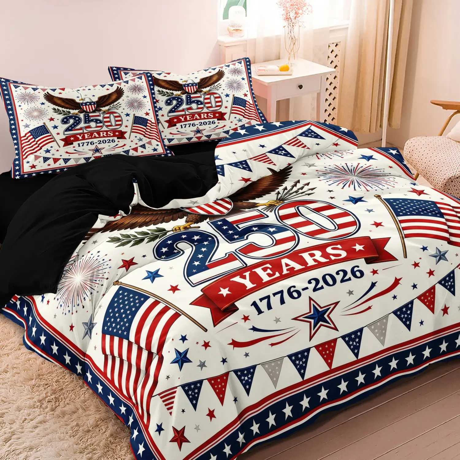 3 Pieces 250th Patriotic Eagle Duvet Cover Set, Decorative Duvet Cover, White Base US Flag Star Pennant Firework 1776-2026 Printed Bedding, For Home Decoration, Multiple Sizes Available (1 Duvet Cover + 2 Pillowcases, No Comforter No Pillow)