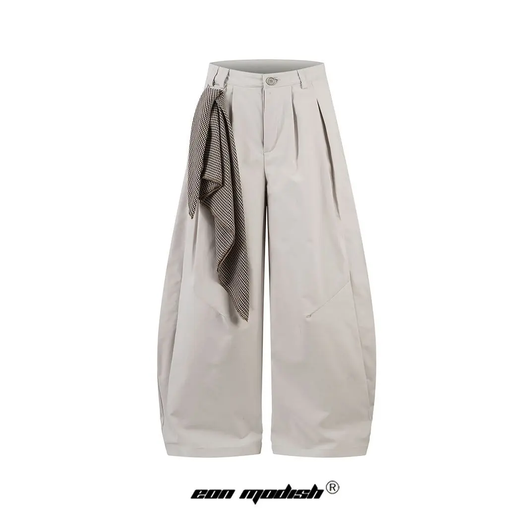 Men's Houndstooth Curved Leg Pants, Relaxed Wide Leg Trousers with Bandana Detail for American Streetwear, Casual Everyday Wear and High Street Looks #   houndstooth pants #   curved leg trousers #   streetwear pants