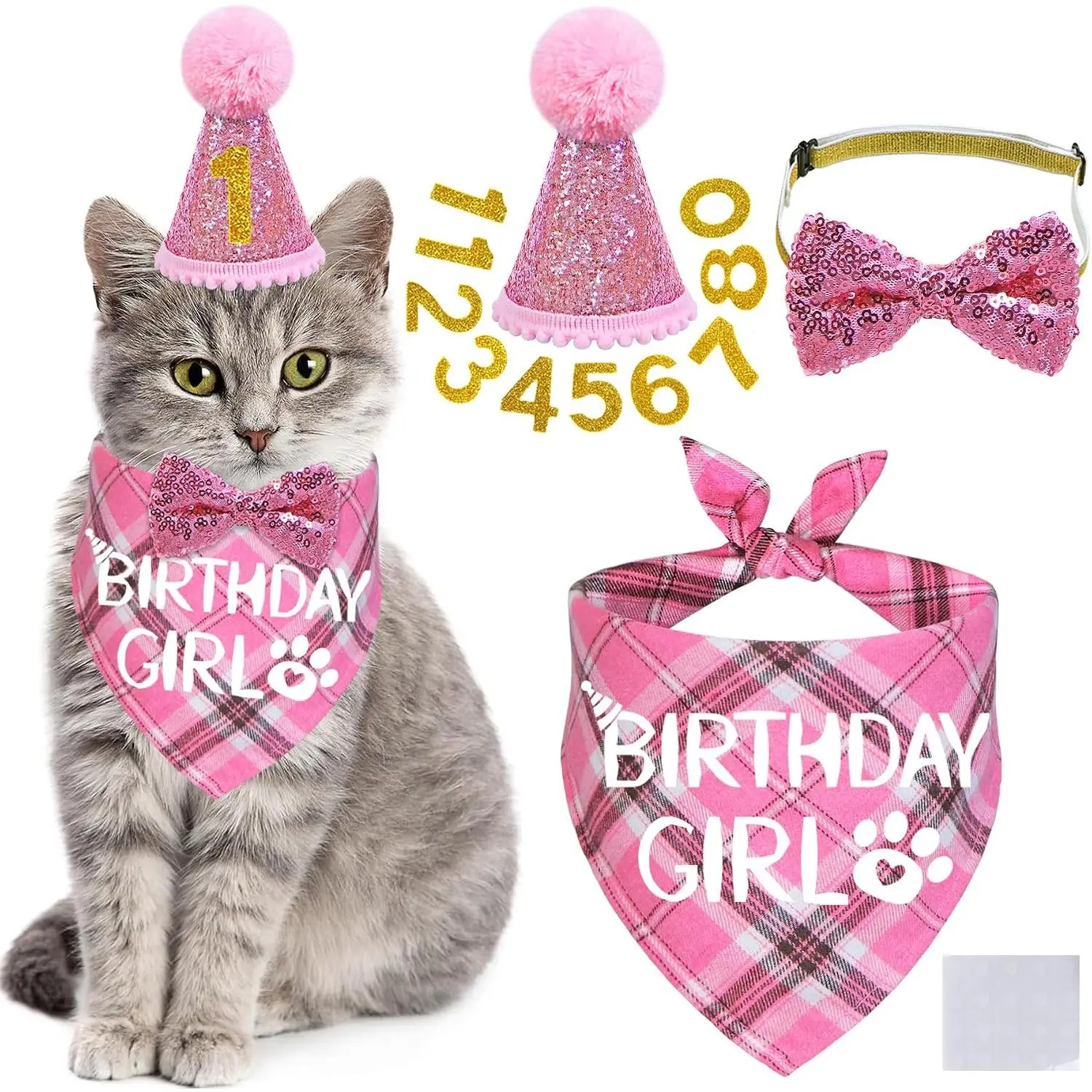 Cat Birthday Party Supplies, Cat Birthday Hat with Number Cat Birthday Bandana Girl Bow Tie Collar for Cats Kittens Birthday Decorations