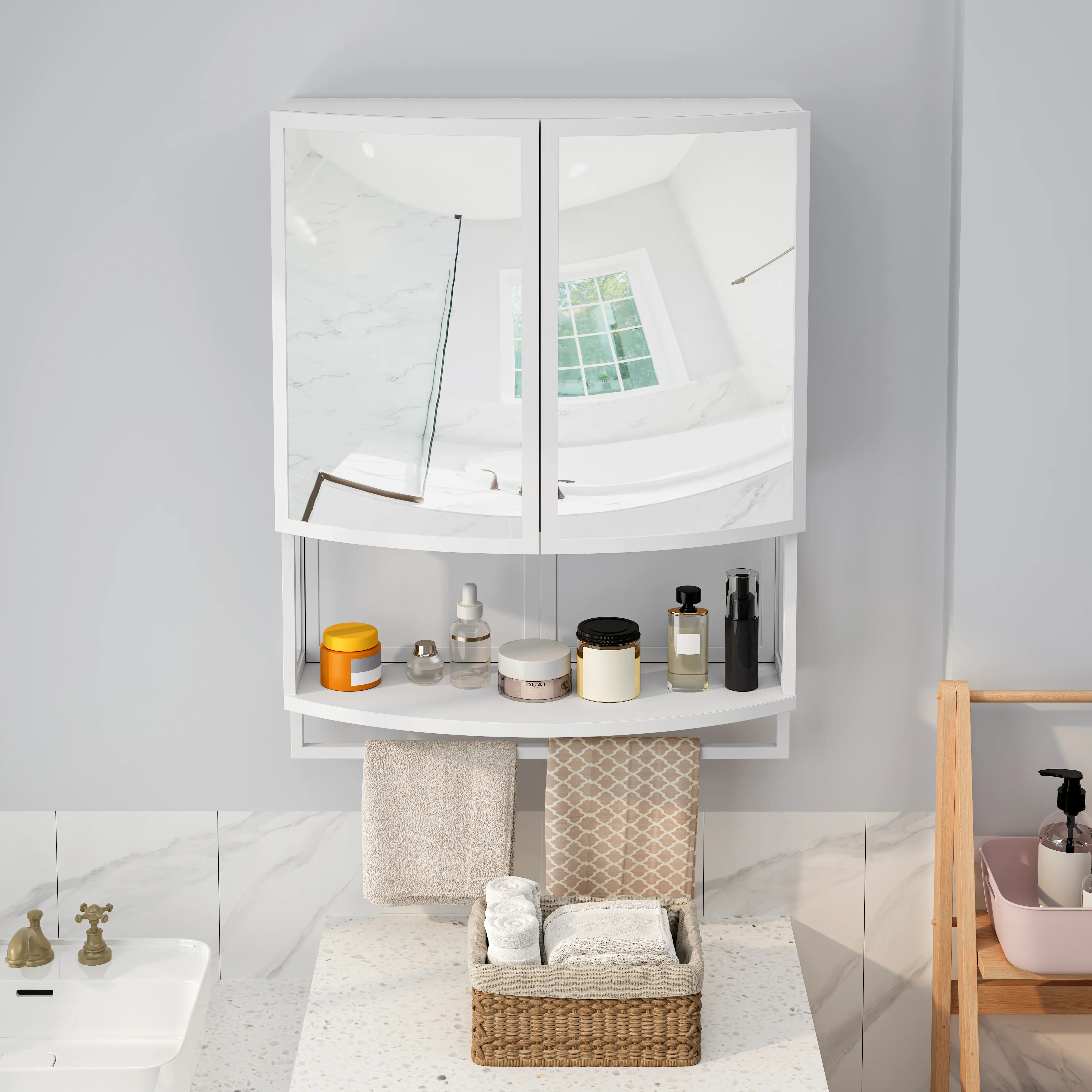 ARCH 23.62" Modern Arched Glass Double-Door Wardrobe Cabinet with Shatterproof Mirror, Double-Layer Storage, Open Shelf & Towel Rack, Freestanding Floor Storage Organizer for Entryway, Living Room, Bathroom, Dining Room, White, Home Furniture and