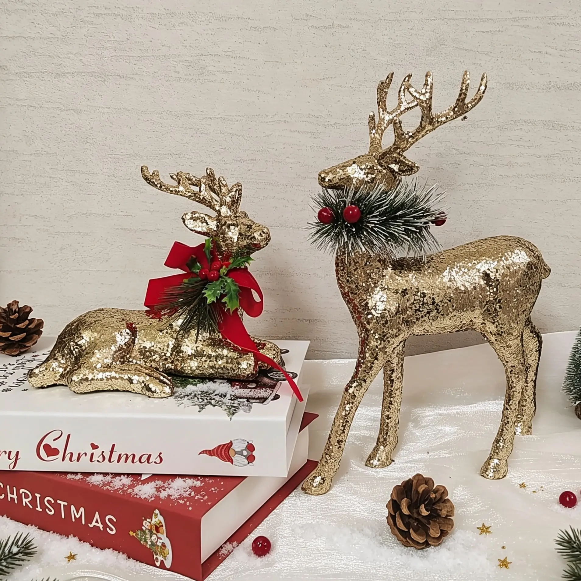 2Pcs Gold Glitter Christmas Reindeer Figurines, Vintage Luxury Style, 6.6-9 Inch Tabletop Deer Decor with Pine Berry Bow Ornament, Indoor Mantel Fireplace Home Decor, Holiday Xmas Gift for Family Party Decoration