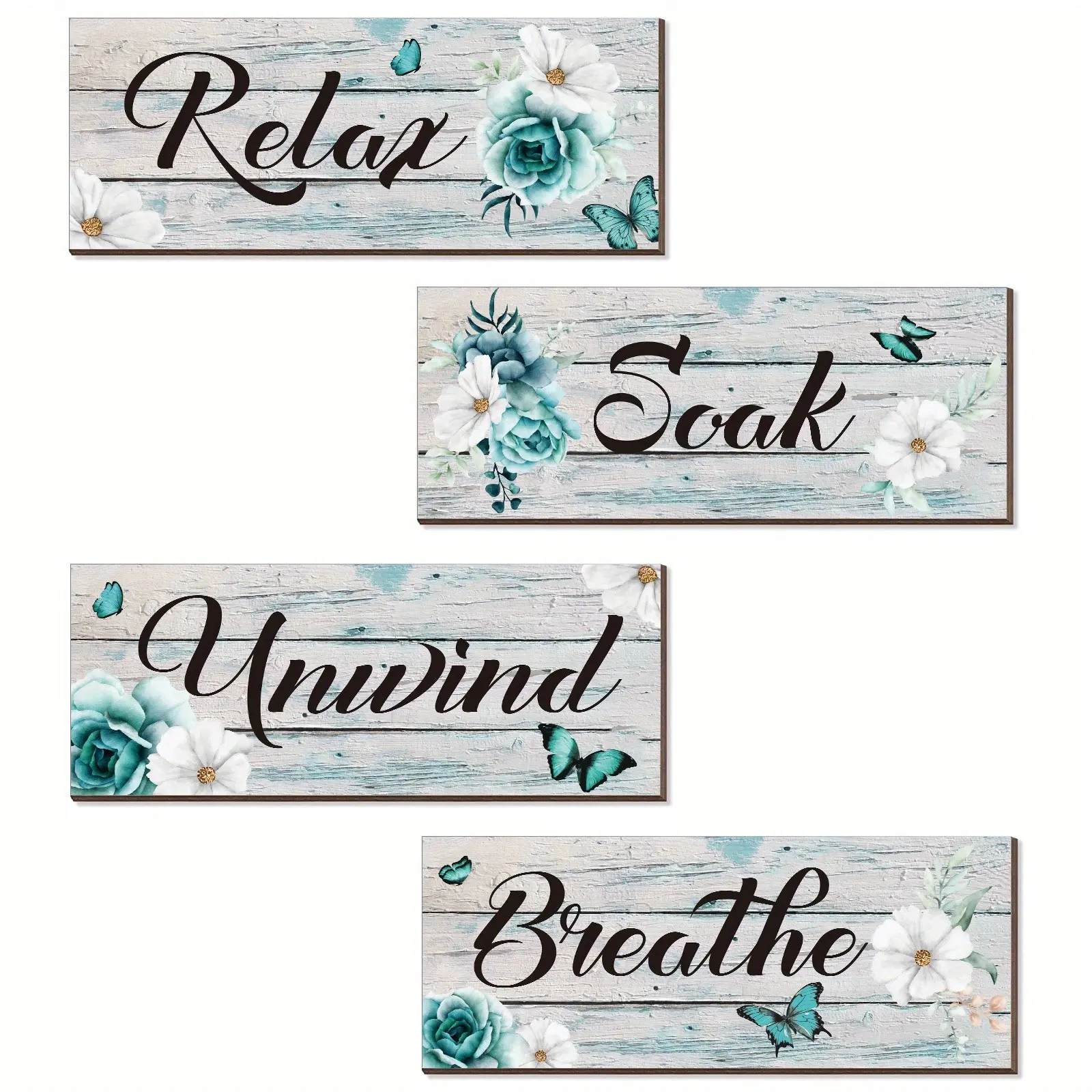 4-Piece Wooden Wall Decor Set, Rustic Daisy Wall Art Kit, Wall Decor Plaque, Relaxing Hot Spring Theme Signs, Ideal for Bathroom and Home Decoration, Natural Wood Grain Finish
