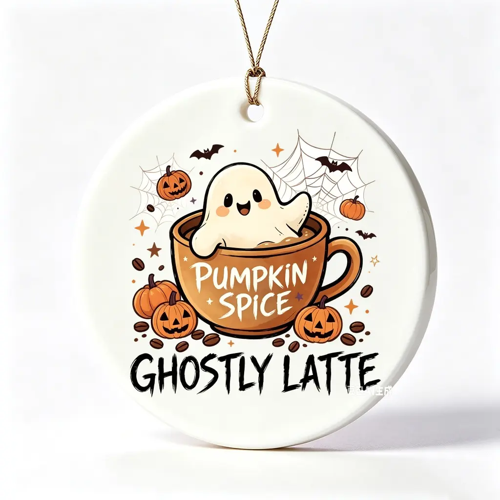 3 Inch, Halloween Style, Ceramic Ornament, Cute Ghost In Pumpkin Spice Latte Cup With Jack O Lanterns And Bats Design