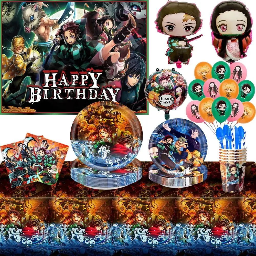 Demon Slayer Balloons Happy Birthday Banner Kimetsu No Yaiba Party Decoration Disposable Tableware Anime Cake Topper Background