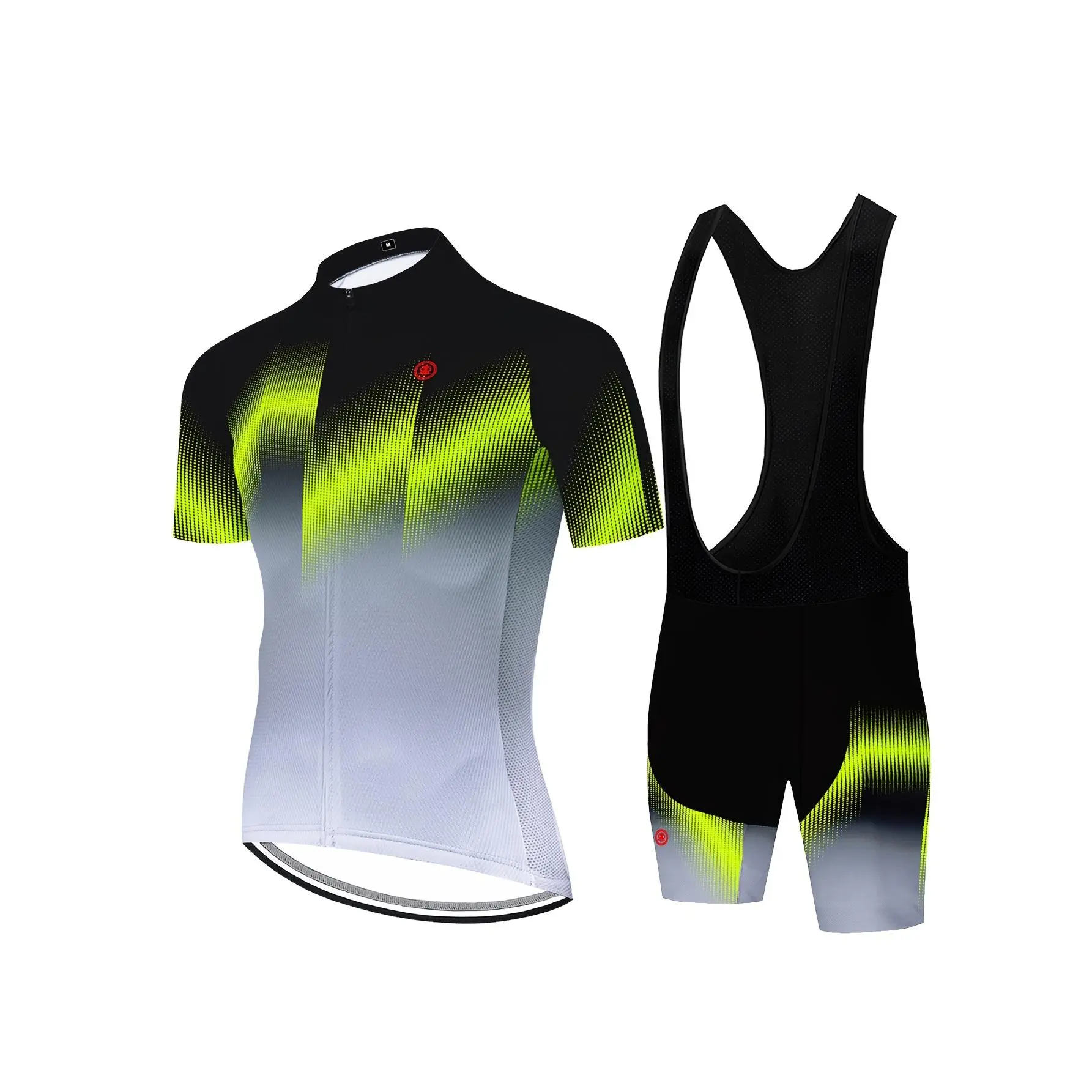 26 Best-selling fluorescent green geometric print comfortable men's cycling outfit set with breathable three rear pockets, bicycle sport shirt and tight quick-drying belted bicycle shorts with 20D seat cushion