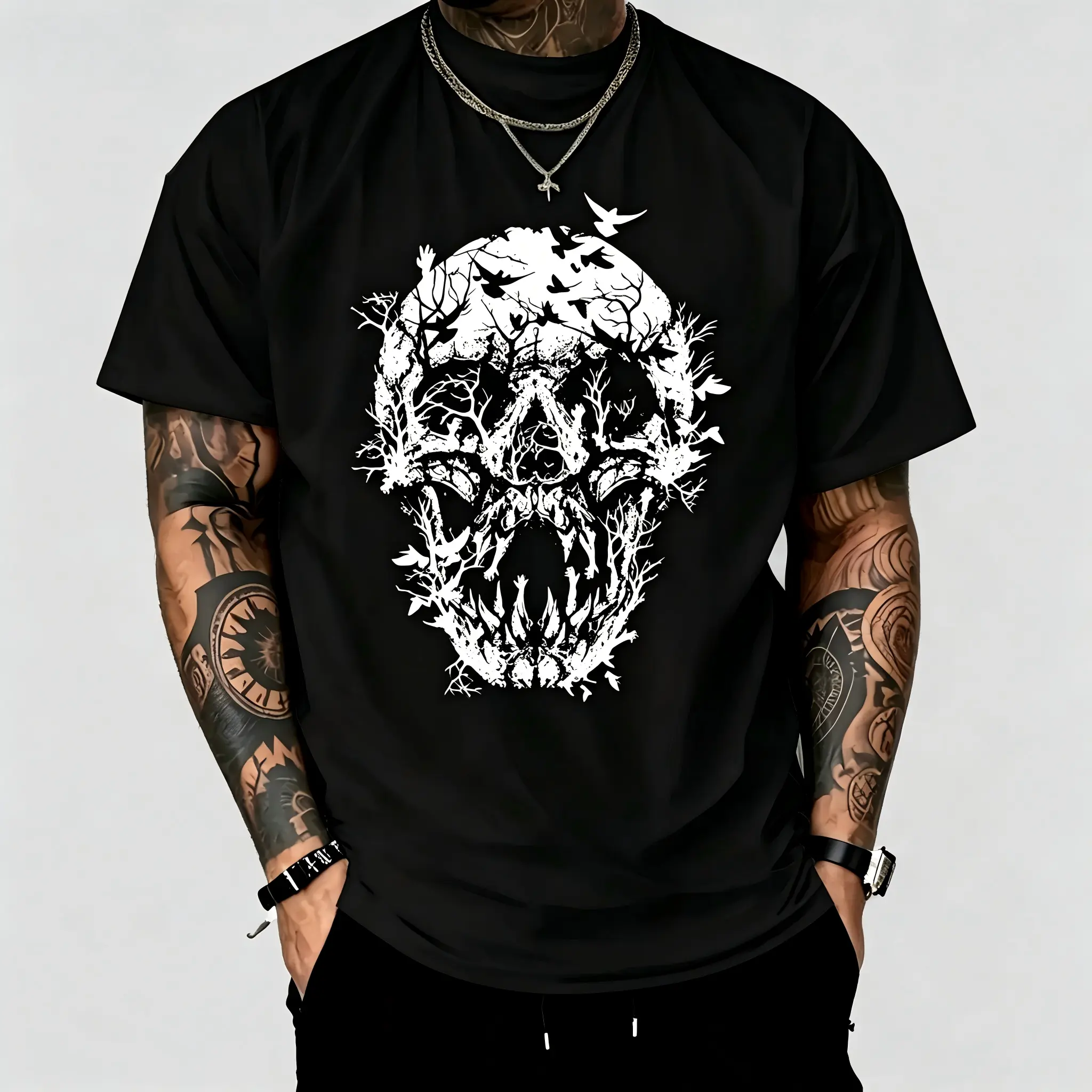 Skull Dead Tree Crows Dark Gothic Unisex T-Shirt for Men & Women - Dark Aesthetic Nature Design, Soft Cotton Crew Neck Short Sleeve, Comfortable All-Season Tee, Perfect for Everyday Casual & Gothic Style, Machine Washable