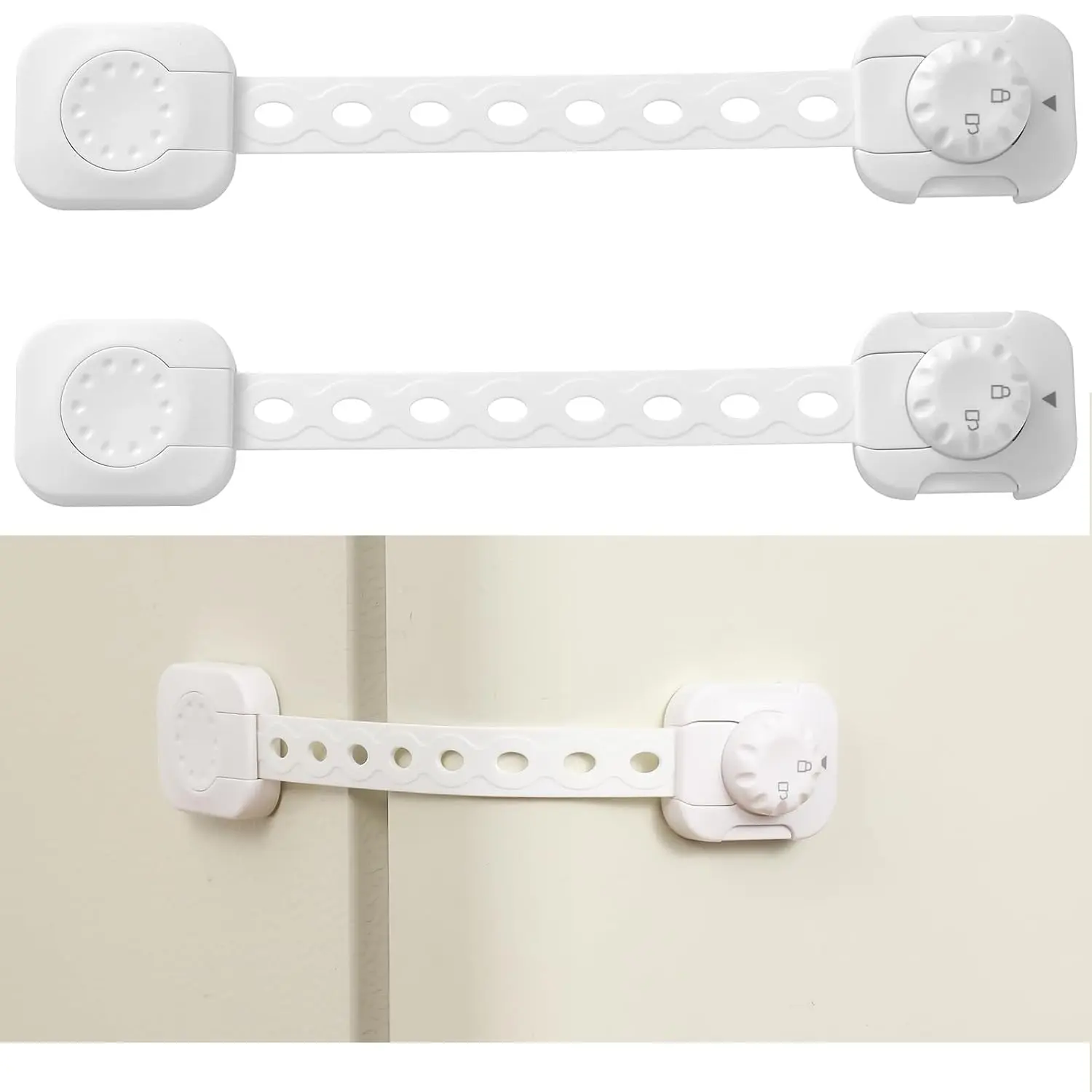 2-Pack High-Quality ABS Child Safety Strap Locks - Adhesive Base, Easy Install, No Screws for Furniture Surfaces, Cabinet, Drawer, Fridge, Oven - White Hardware Latch
