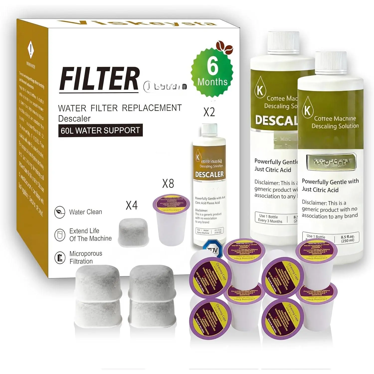6-Month Maintenance Kit for : 2 Descalers + 4 Filters + 8 Cleaning Pods, Compatible with  Classic/1.0/2.0 K-Cup Coffee Makers