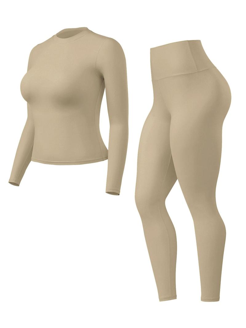 Women's High-Waisted 25'' Inseam Sporty Leggings Set, Long Sleeve Top & Yoga Pants, Elastic Fabric Comfortable Workout Set, Ideal for Gym & Daily Wear, High Stretch Sporty