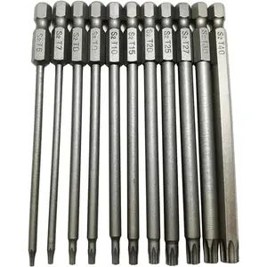 Long Torx    Drill Set 1/4 Inch Hex Shank T6 T7 T8 T9 T10 T15 T20 T25 T27 T30 T40 11 count 4 Inch Length S2 Steel Torx  Bit Set (11pcs Torx  100mm)
