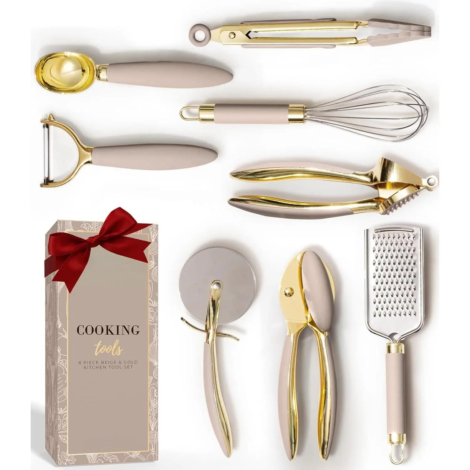 Beige and  Kitchen Utensils Set, 8- | , 8 count Cooking Gadgets with Mini , Pizza , Garlic Press, Cheese Grater, Peeler