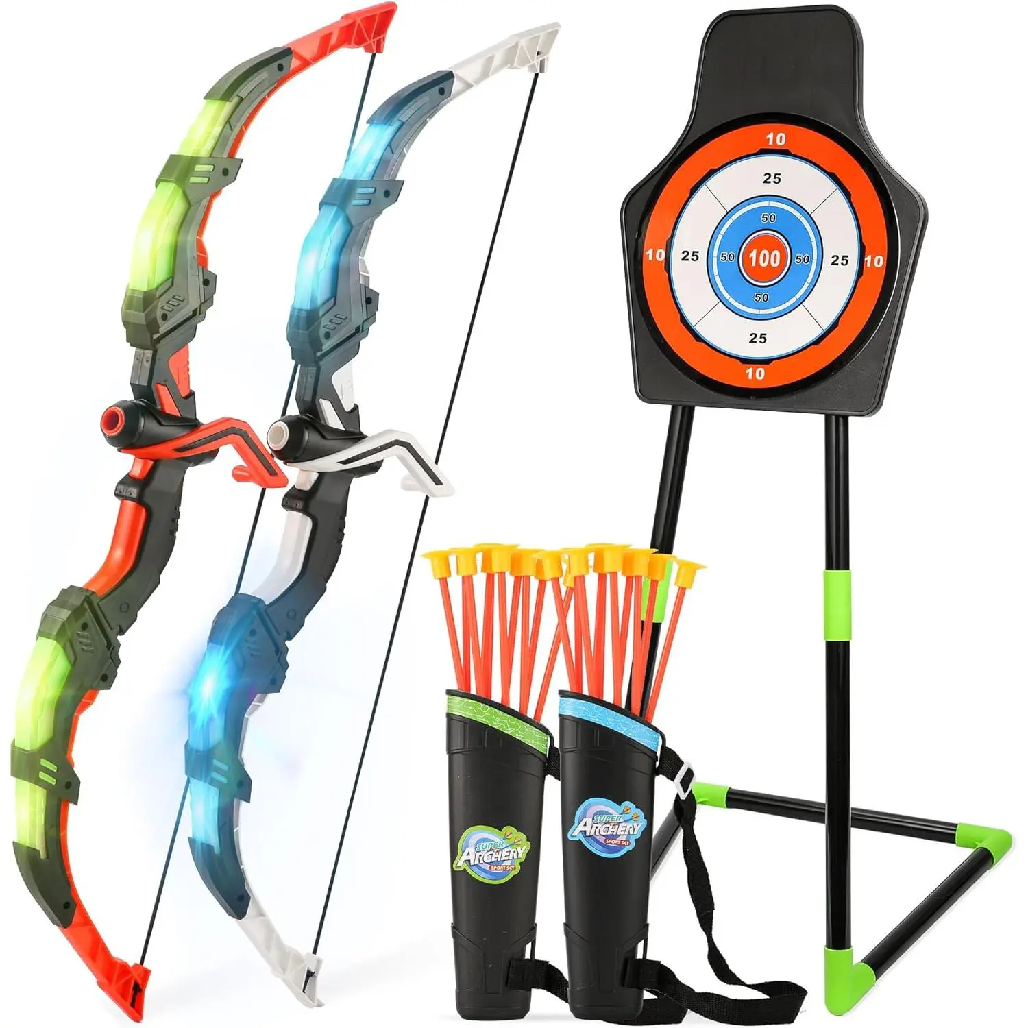 Bow and Arrow Set  Kids, 2-Pack LED Light Up Archery Set with 20 Suction Cup Arrows, Indoor and Outdoor Toy  Boys Girls Age 4-8 8-12 with Standing Target&2 Quivers, Birthday Gift 3-12 Years Old