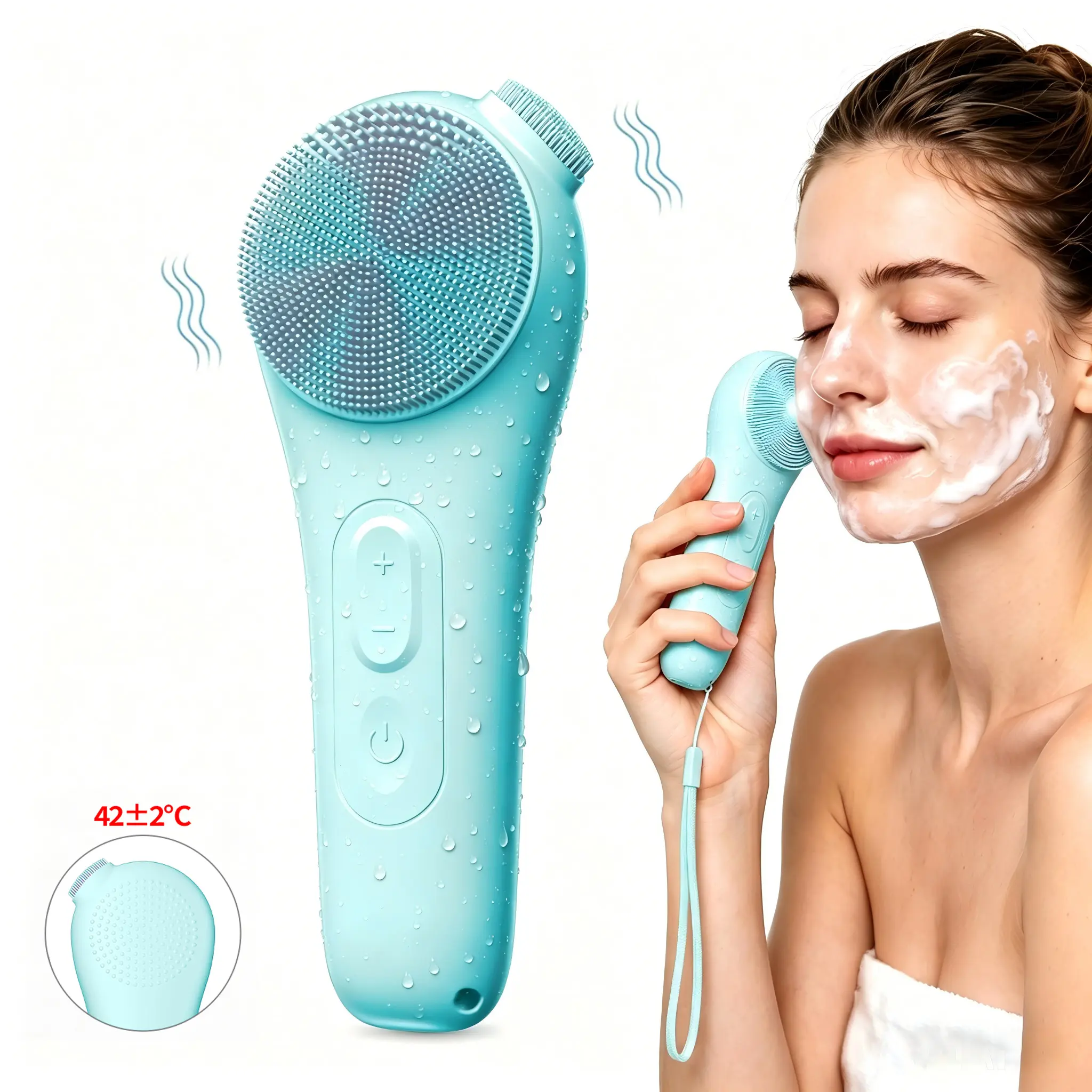 Facial Cleansing Brush,  waterproof electric facial cleanser with hanging strap, 5 vibration modes for massage and constant-temperature heating function, with a nose-tip design, for women’s facial cleansing, a great gift for birthdays or holidays