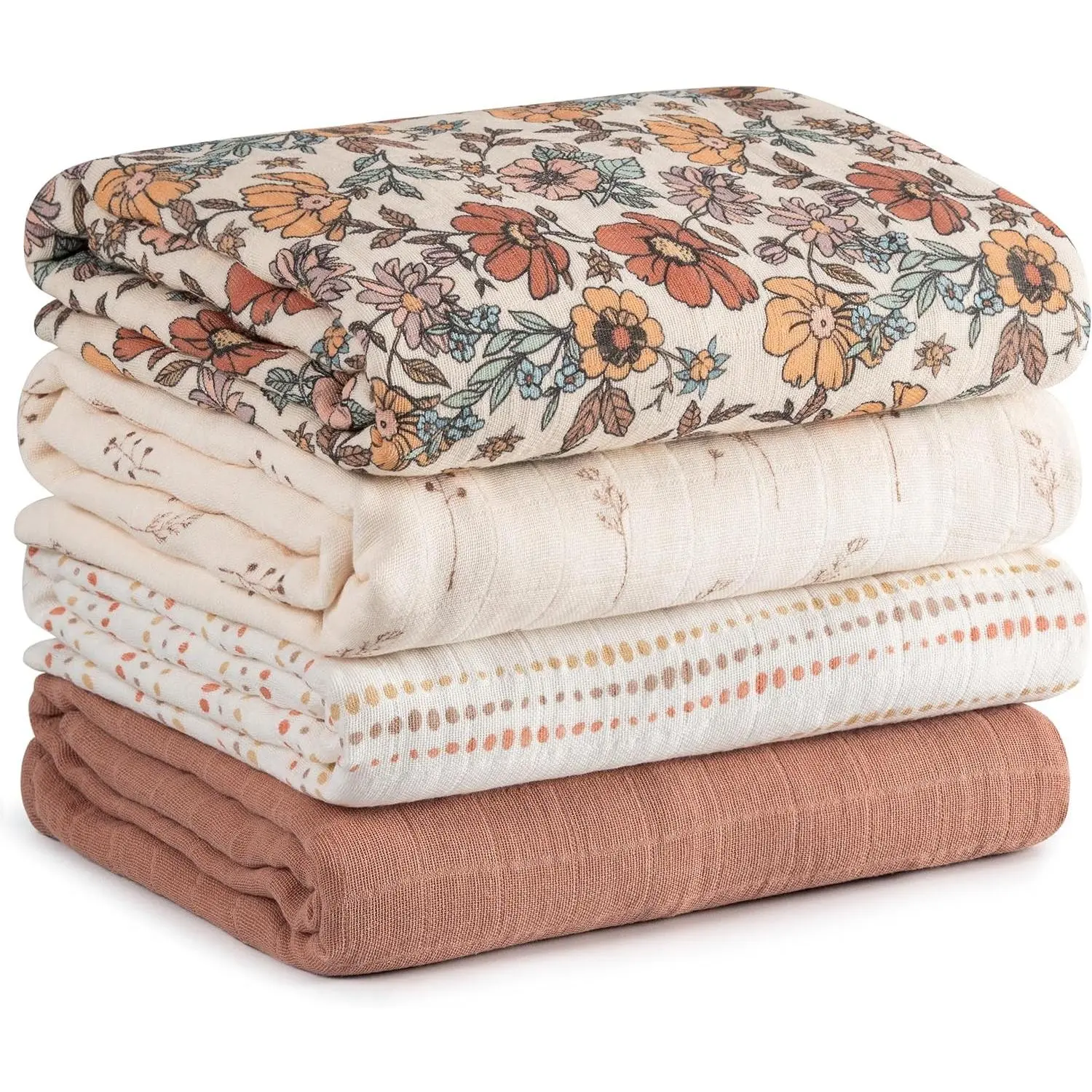 Muslin Swaddle Blankets for Newborn, Cotton Receiving Blanket | 4 Pack 100% Cotton Soft Breathable Baby Blanket, Essentials Swaddle Wrap Burp Cloths, Large 31.5 x 43.3 inch, Vintage Flowers