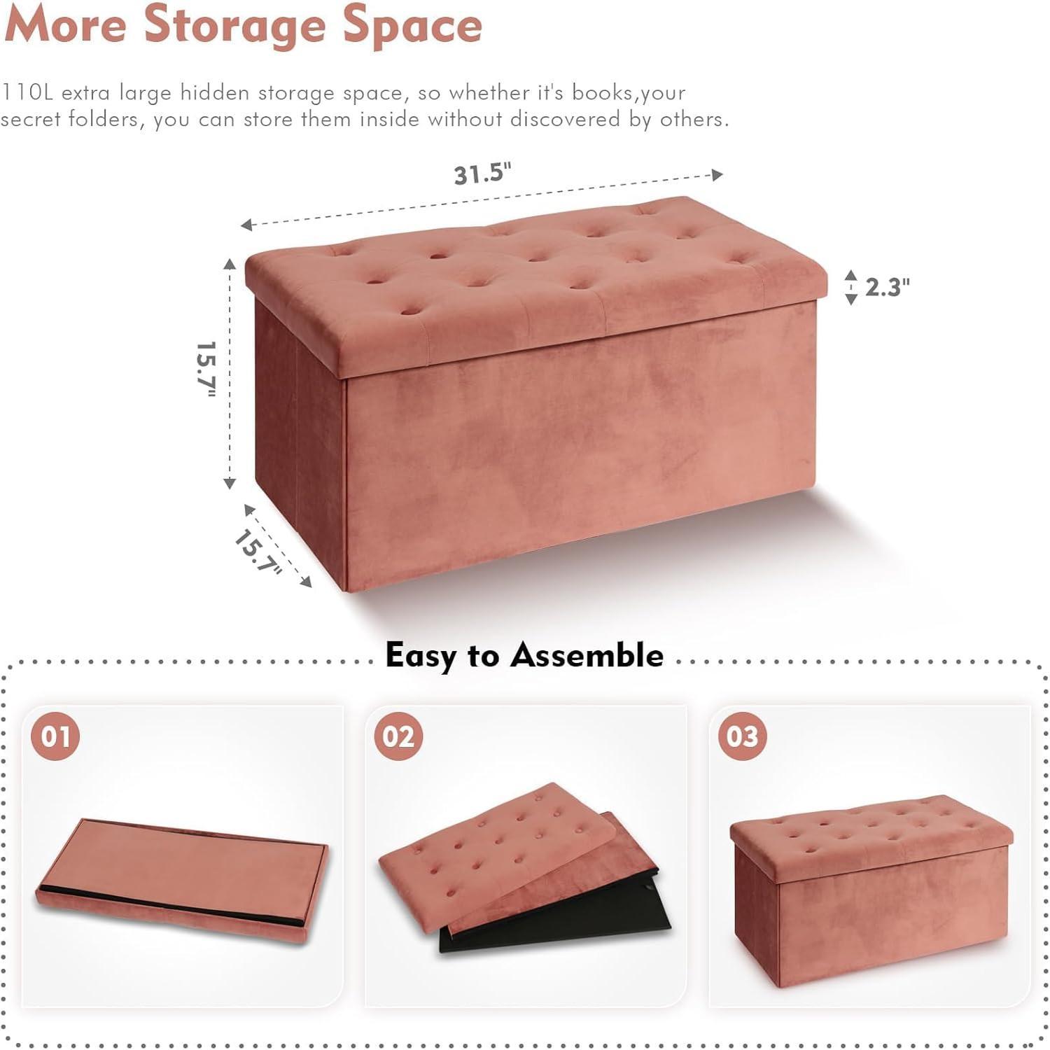 Folding Storage Ottoman, Long Ottomans Shoes ench,  Storage Chest Footrest Seat 31.5"x15.7"x15.7" (Warm Red, Large)