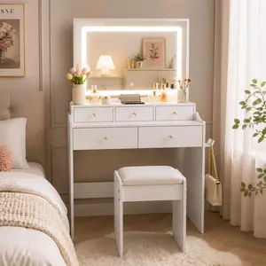 White Vanity Desk with Mirror and Lights, 31.5" Modern Makeup Vanity Set with Stool, Vanity Table with 5 Drawers, Hair Dryer Holder and LED Lighted Mirror for Bedroom