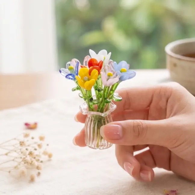 Mini Glass Flower Vase Decor, Colorful Artificial Flower Arrangement, Cute Desktop Ornament for Bedroom, Office & Small Spaces
