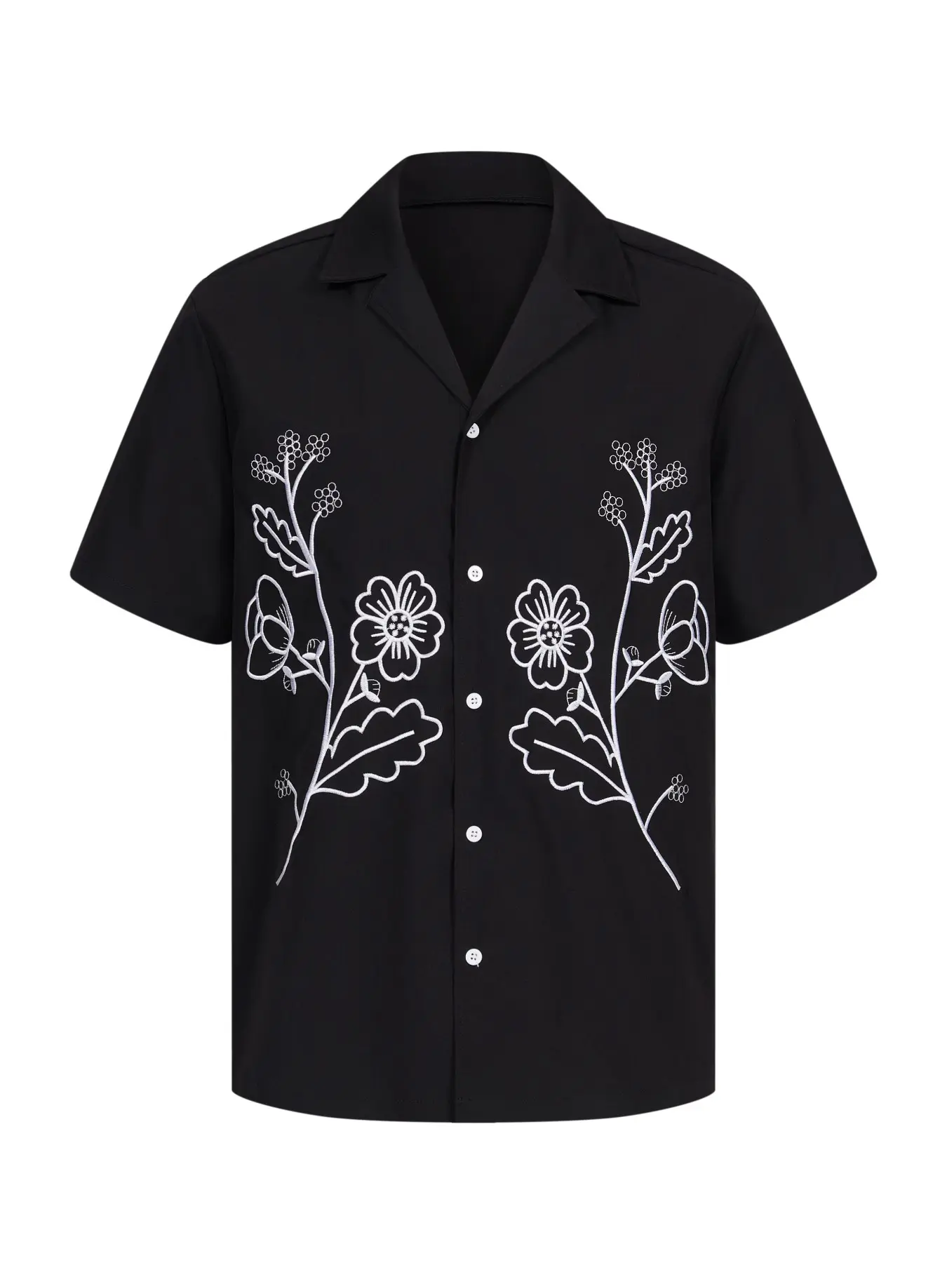 Old Money Style Embroidered Collar Short Sleeve Shirt, Symmetrical Floral Embroidery, Loose Fit, Casual All Season Top, S-Xxl