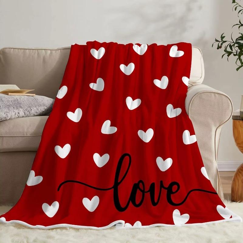 Valentine Throw Blanket, Red Love Hearts Flannel Warm Soft Cozy Fluffy Bed Couch Blanket, Romantic Home Chair Decoration
