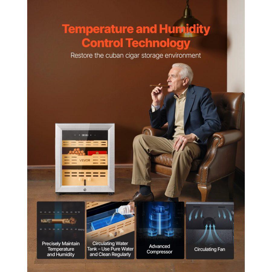 VEVOR Electric Humidor, 50L, 300 Counts Electric Cigar Humidor Cabinet with Compressor Cooling, Constant Humidity Temperature Control, Spanish Cedar Wood Shelves Drawers, 2 Layers, for Household