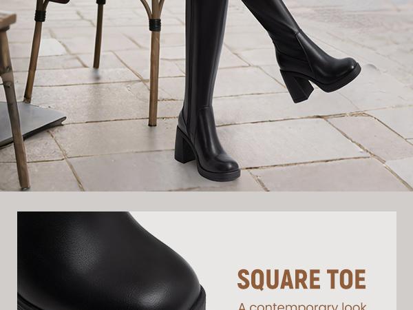 Athlefit Knee High Boots for Women Square Toe Platform Chunky Heel Stretchy Tall Boots with Side Zipper