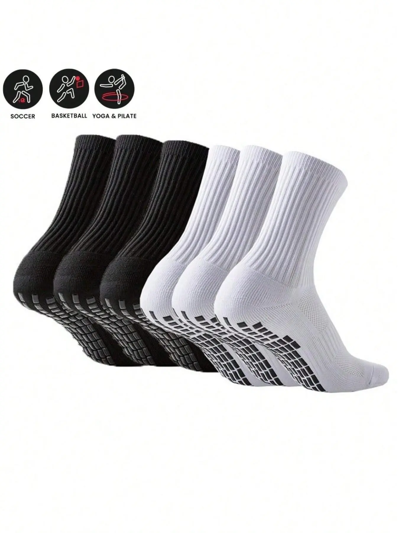 6 Pairs Adult Unisex Anti-Slip Soccer Socks, Silicone Bottom Grip, Thickened Loop Sole, Sweat-Wicking, Comfortable, Athletic Socks, Sports Socks, Grippy Socks, Ideal for Running, Football, Basketball, Fitness