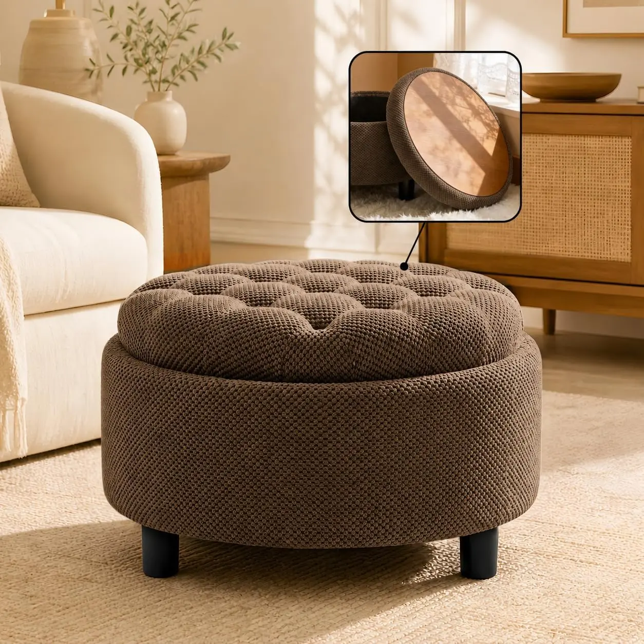 25" Round Storage Ottoman with Reversible Wood Tray Top, Dark Brown Fabric Tufted Footrest and Coffee Table, Hidden Storage for Blankets & Pillows, Sturdy Side Table for Living Room & Small Spaces