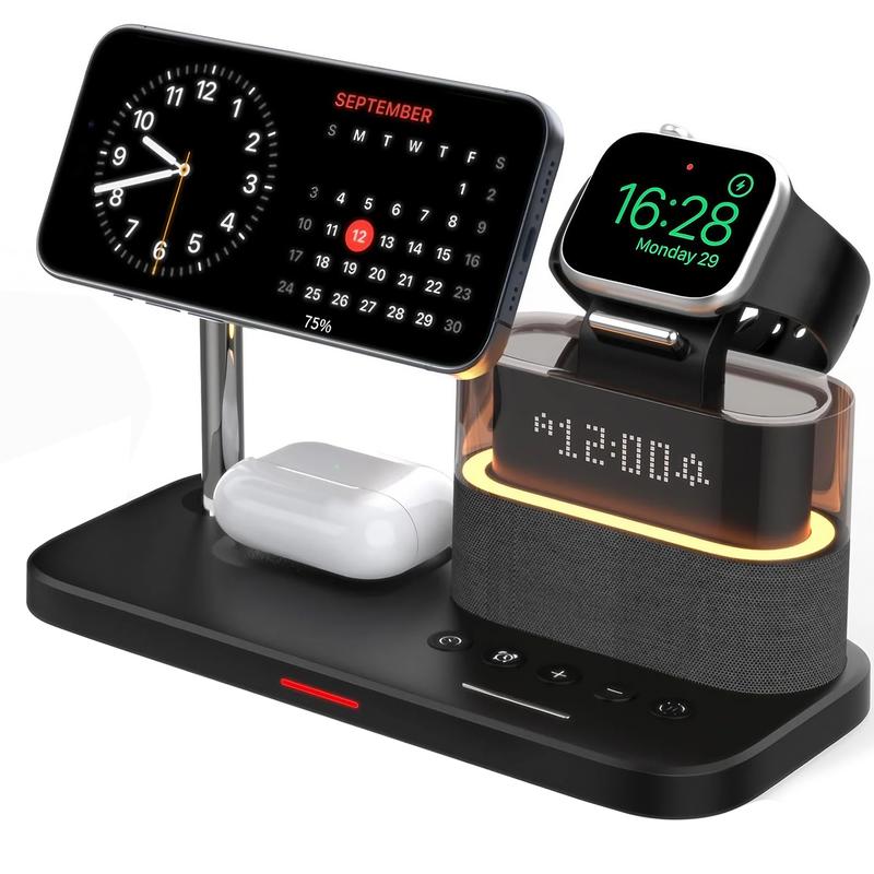 5-in-1 Wireless Charger with Clock, Mobile Magnetic Wireless Charger Stand for iPhone Apple Watch Airpods, for Magsafe Charger Set, Black Charging Station, for Smartphone, Cellphone, Electronic, Magnetic Charging Design, Charging Dock