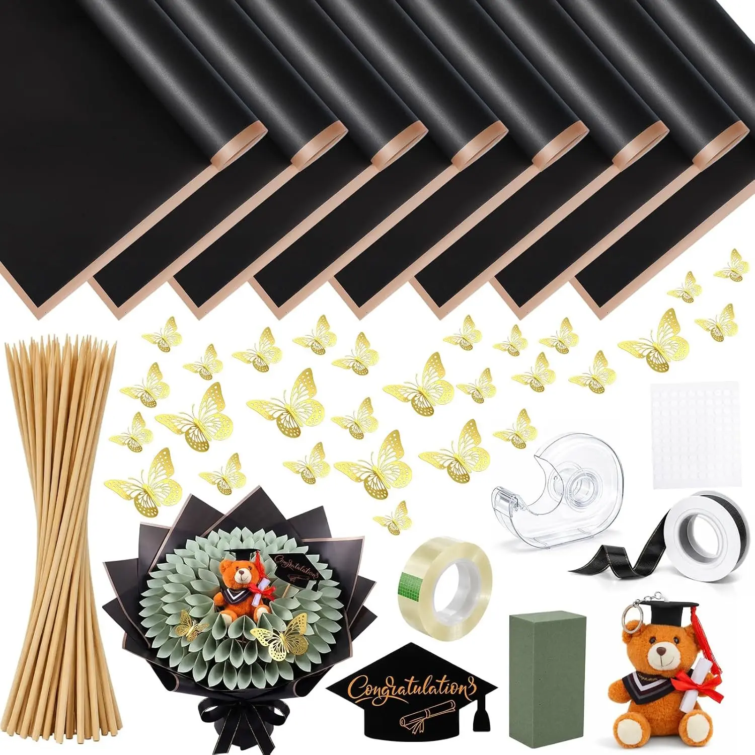 119 Pcs Graduation Gifts Money Bouquet Kit Class of 2026 Black Gold DIY Flower Wrapping Paper DIY Bouquet with Congrats Grad Card for Middle High School College Women Men