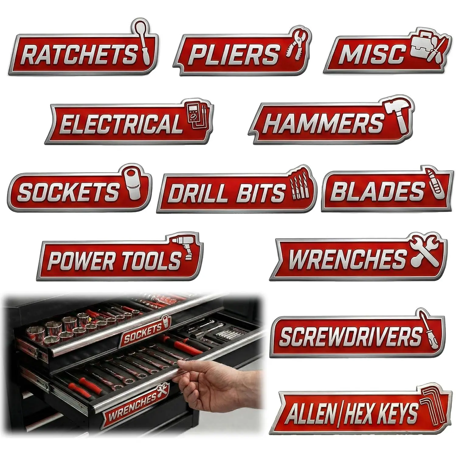12-Piece Removable Tool Chest Labels with Raised Text - Red and White Labeling Tags for Tool Drawers, Professional Toolboxes, Metal Cabinets