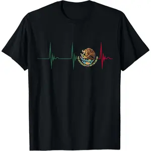 Viral Trending Green Red ECG Heartbeat Mexican Eagle Emblem Graphic T-Shirt, 180g Heavyweight 100% Cotton Mexico National Pride Tee, Cinco De Mayo Casual Apparel S-3XL