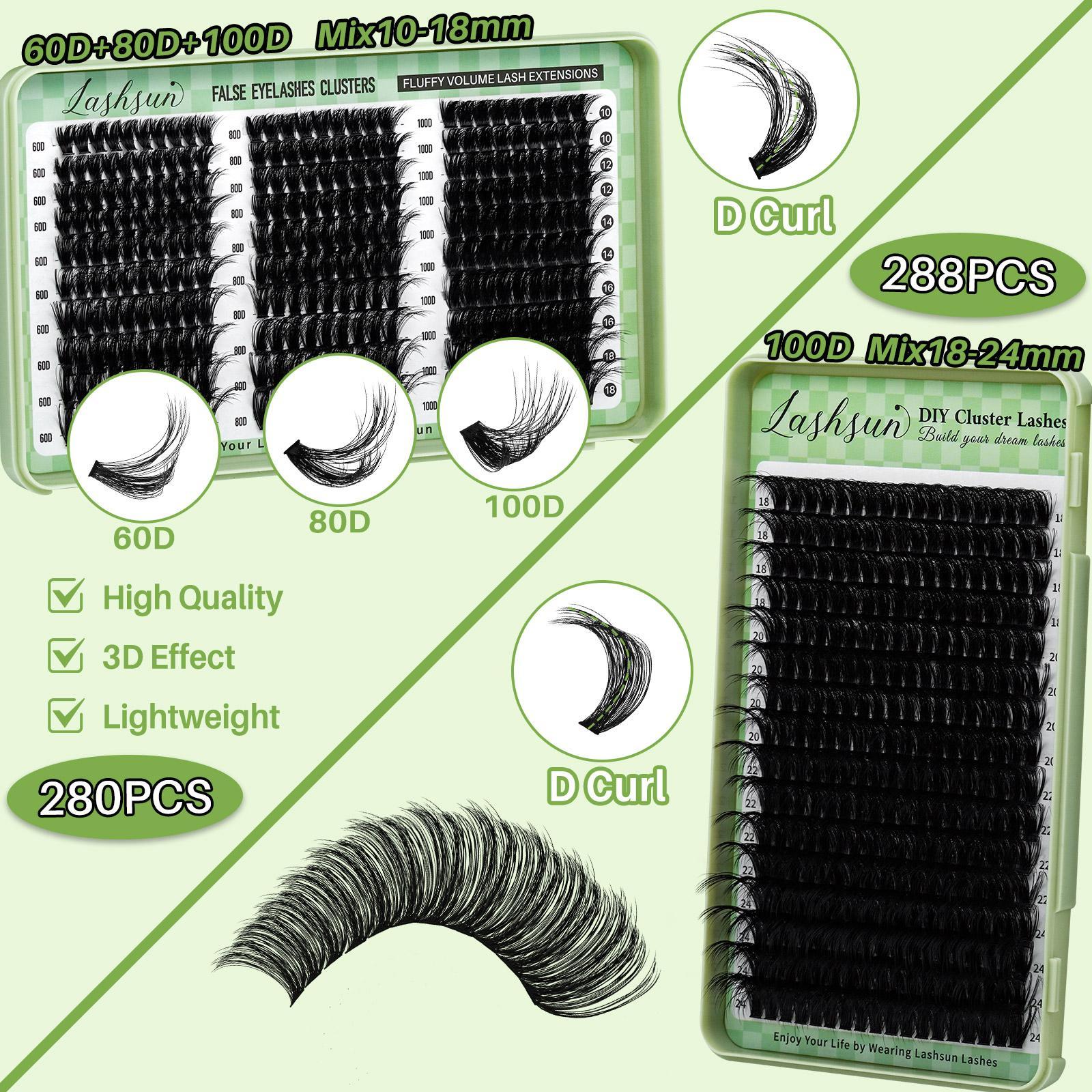 LASHSUN 14PCS BIG KIT, DIY Lash Clusters D Curl High Capacity  Mixed Length 8 styles Volume & 3D Effect Cluster Lashes Kit, Kit with Bond&Seal Lash Remover Lash Brush Headband Wristband Tweezers Lash Shampoo & Brush