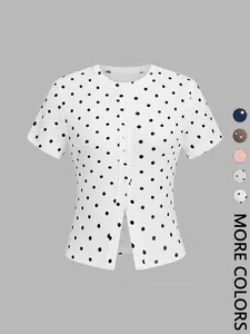 1 Piece Round Neck Short Sleeve Slim Polka Dot Top, Versatile Essential for All Occasions