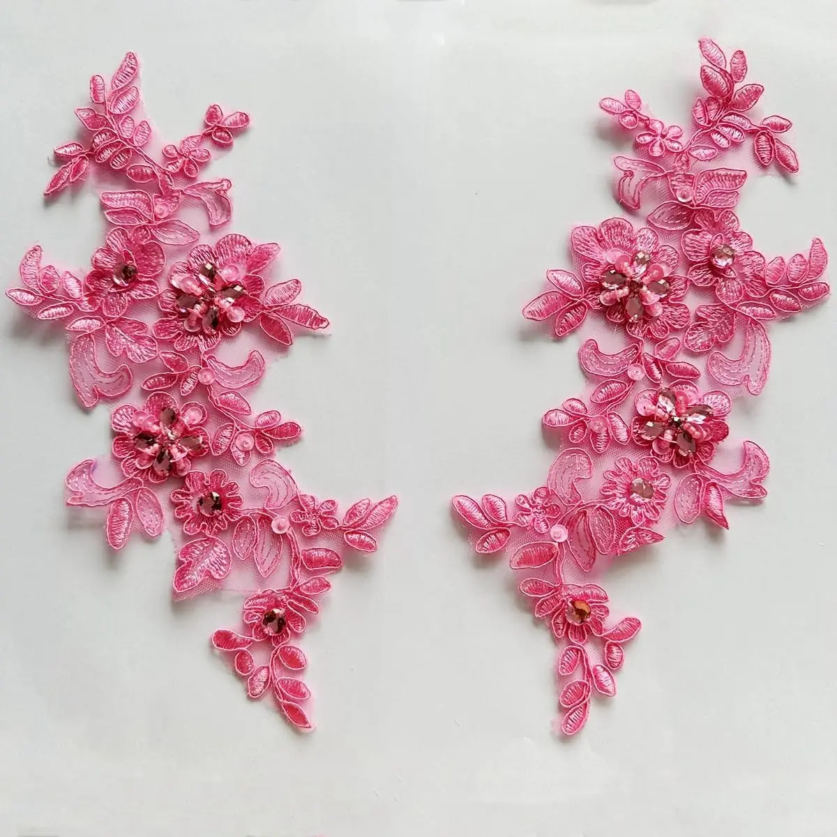 Fine Lace Fabric Patches Embroidered Rhinestones Trim Applique Decor Dress Decoration sew on Sequins Beads Accessory one Pair (Pink 2)