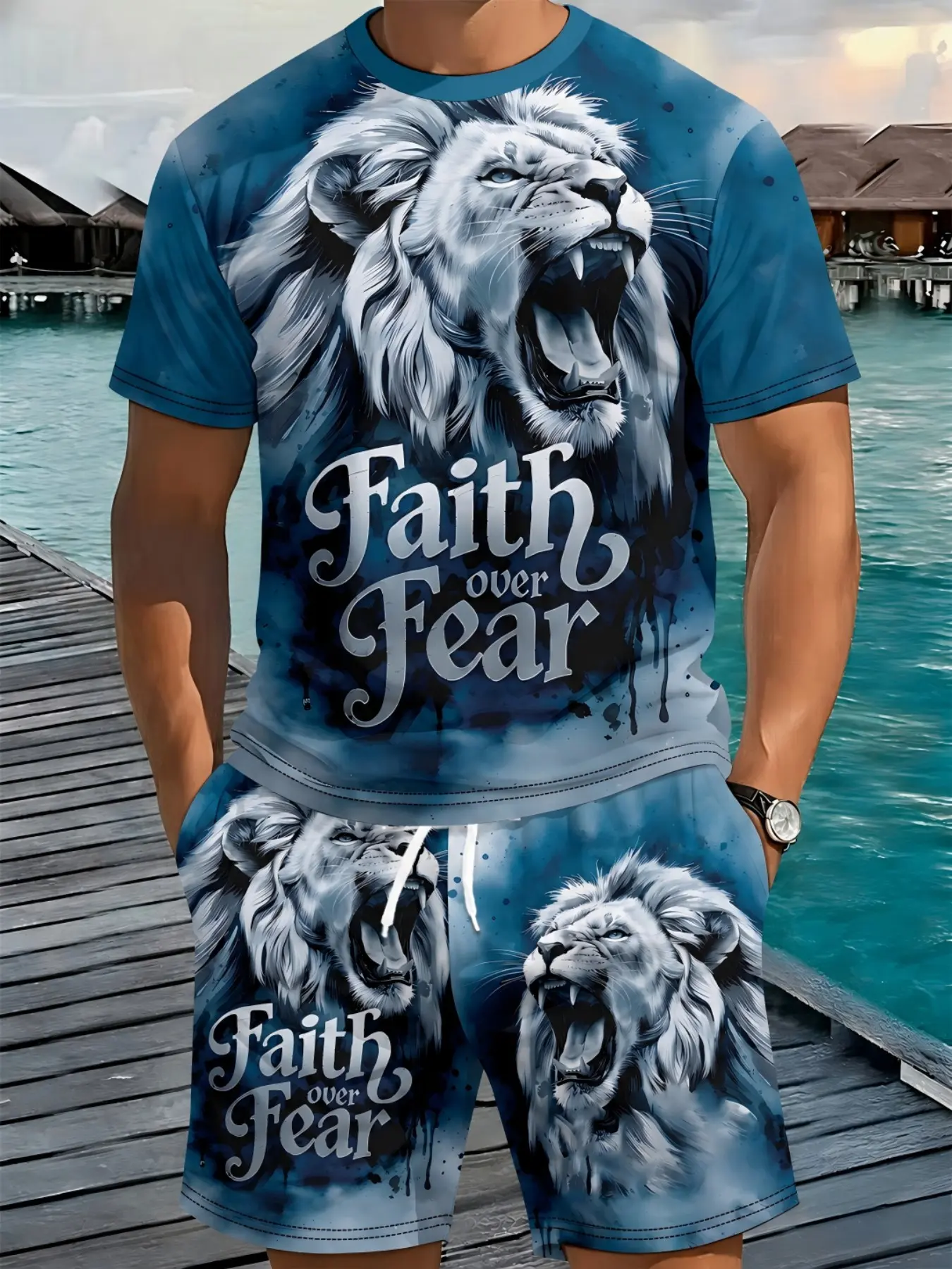 Lion Belief Power Casual Men's 3D Digital Print Two-Piece Set, 2Pcs, Trendy Fashion Set, Trendy Retro Casual Two-Piece Set, Vacation Style Trendy Outfit, Breathable Sports Casual Style, Perfect Holiday Gift for Men