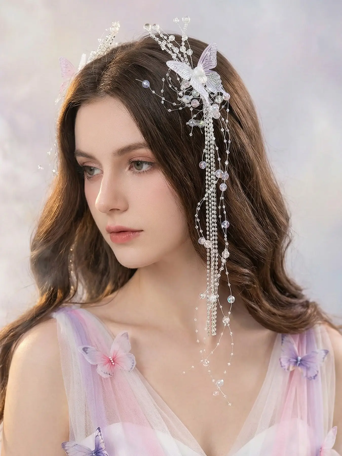 Elegant Butterfly Hair Clip, Crystal Beaded Chain, Heart Pattern, All Seasons, Bridal Accessory, Wedding Party Headpiece