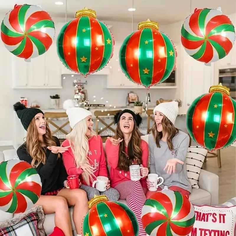 Christmas Decoration Balloon Set, 3D Round Foil Balloons, Candy Cane Small Ornament Design, Holiday Party Decorative Balloons