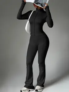 Women's Two-Piece Wide-Leg Sport Set, Full-Zip Stand Collar Jacket + Bell Bottom Yoga Fitness Wear, Comfortable and Stylish Activewear